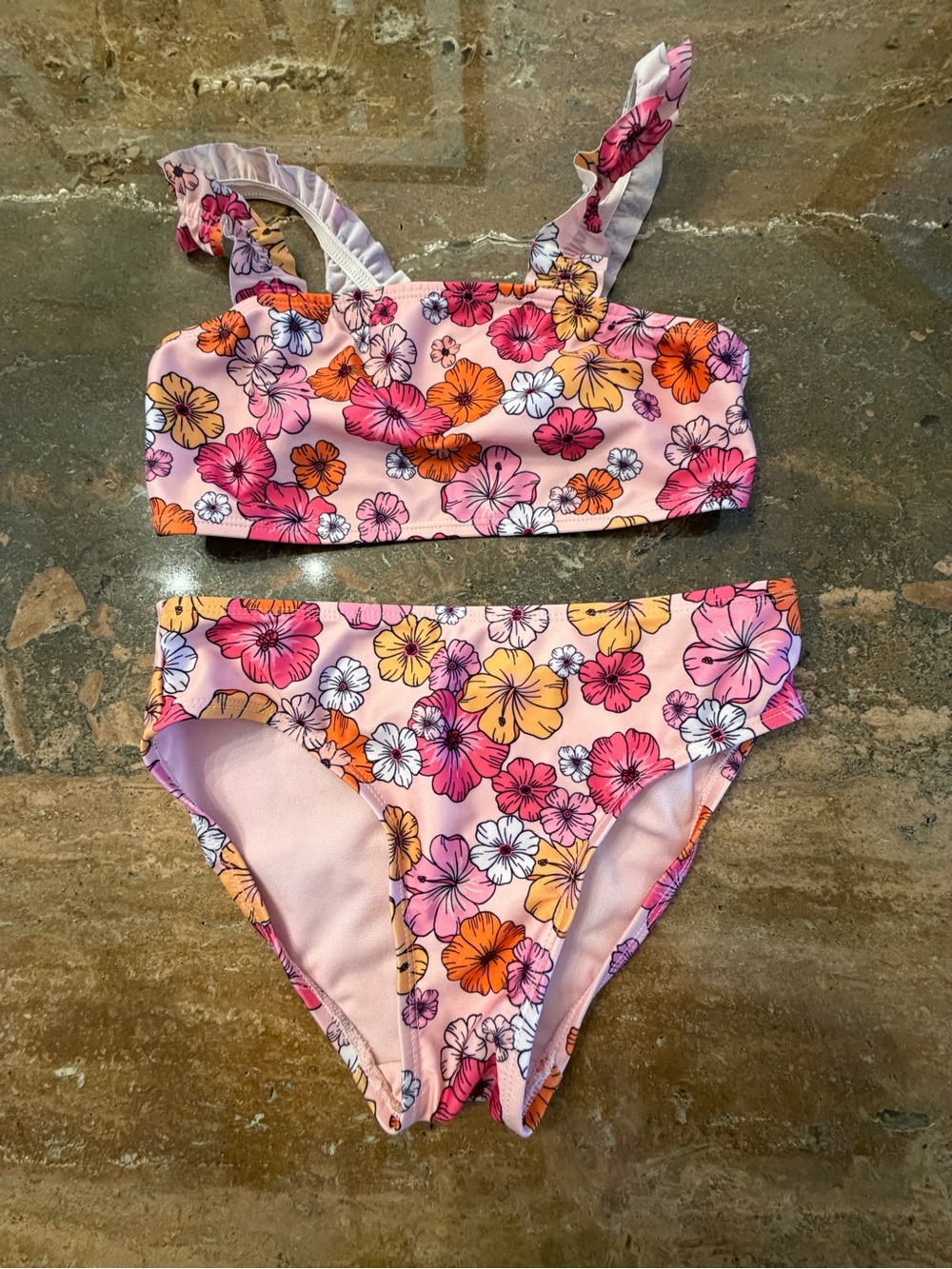 Girls Pink Floral Two-Piece Swim Bikini